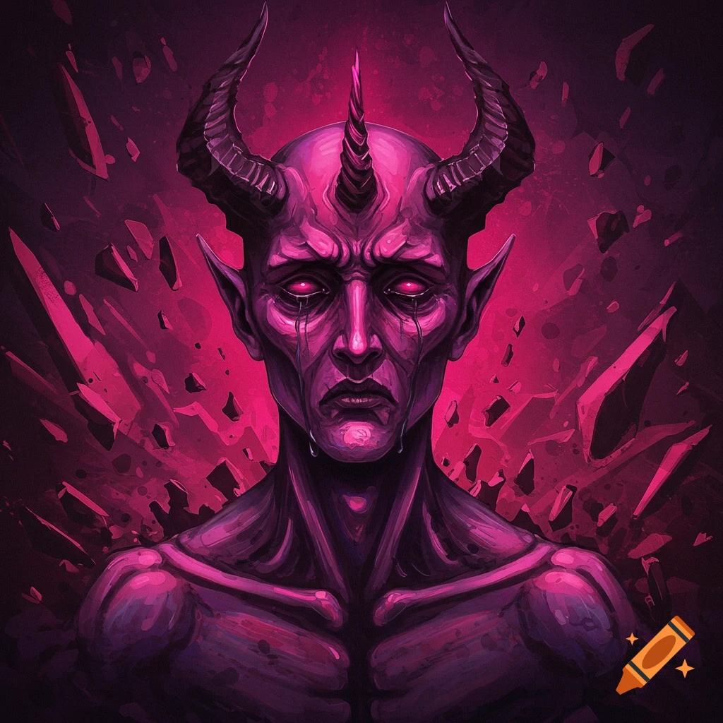 Stylized portrait of a sad purple demon with horns