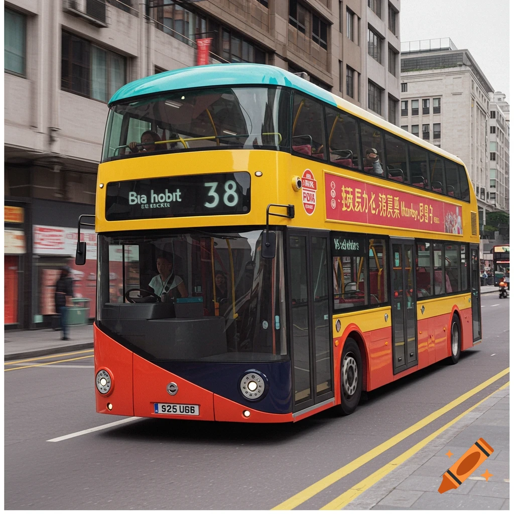A red and yellow double-decker bus drives on a city street.