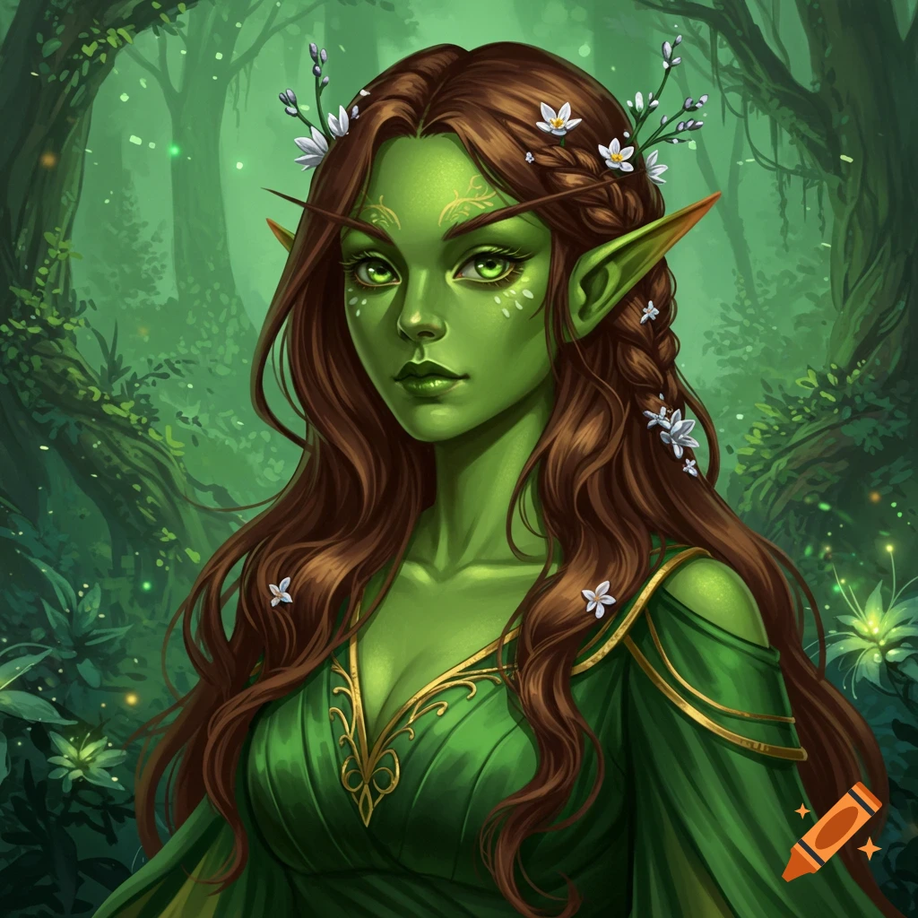 Green-skinned female elf portrait in a forest, with brown hair, pointy ears, and green dress.