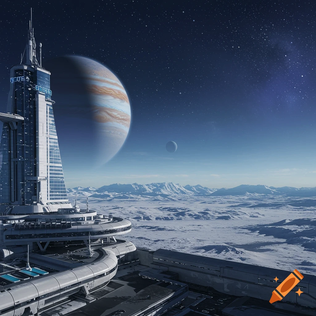 A futuristic building on an icy planet surface with a large striped planet in the sky.
