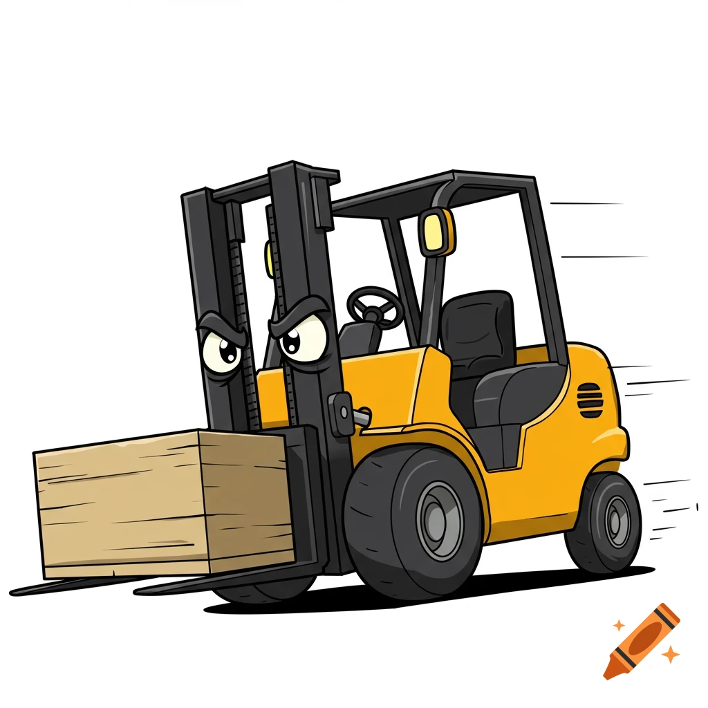 Cartoon illustration of a yellow forklift with eyes speeding while carrying a wooden crate.
