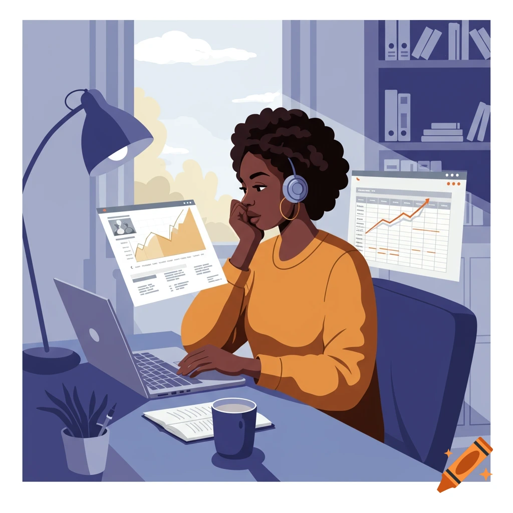 An illustration of a Black woman working on a laptop, looking at screens with charts and data.
