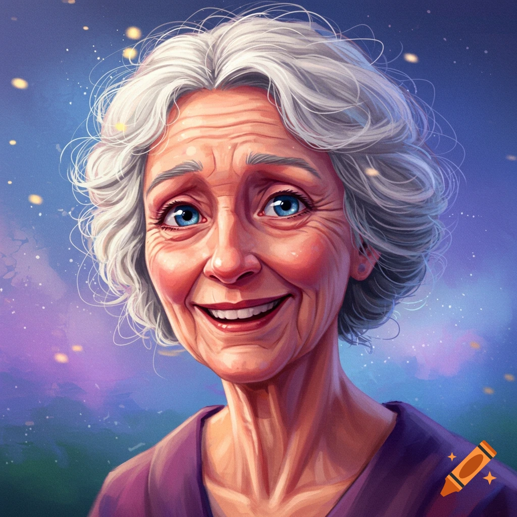 Stylized portrait of a smiling elderly woman with grey hair against a starry sky.