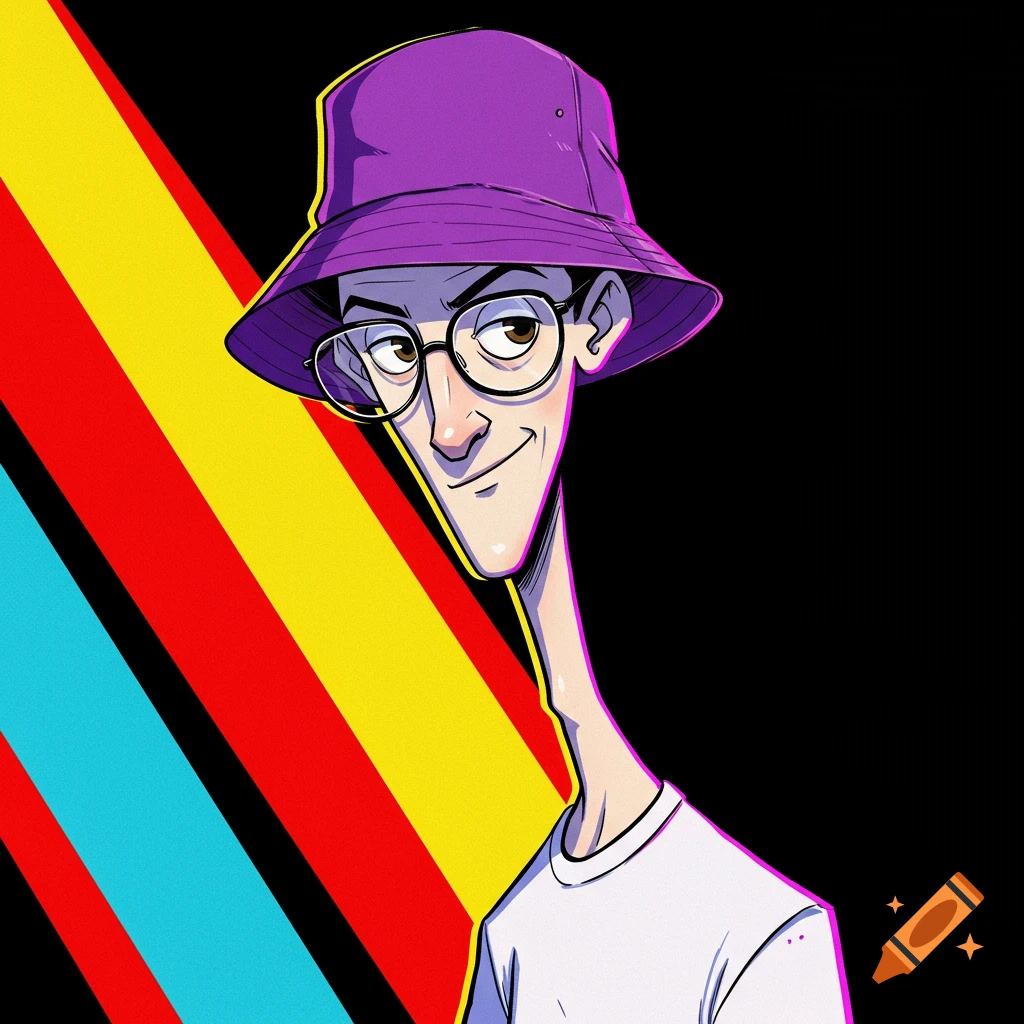 Stylized cartoon of a person with a long neck wearing glasses and a purple bucket hat.