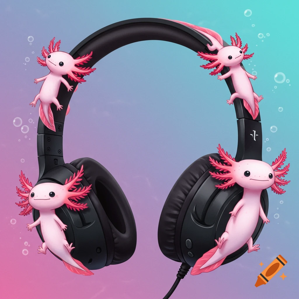 Illustration of pink axolotls crawling on black headphones.