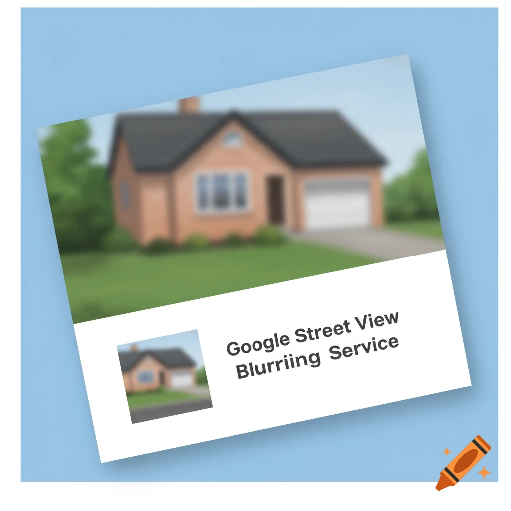 A business card for Google Street View Blurring Service on a blue background, with blurred images of a house.