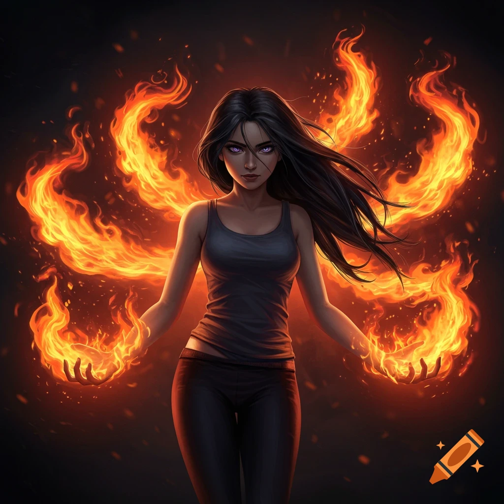Digital illustration of a woman with fire glowing around her hands and back.