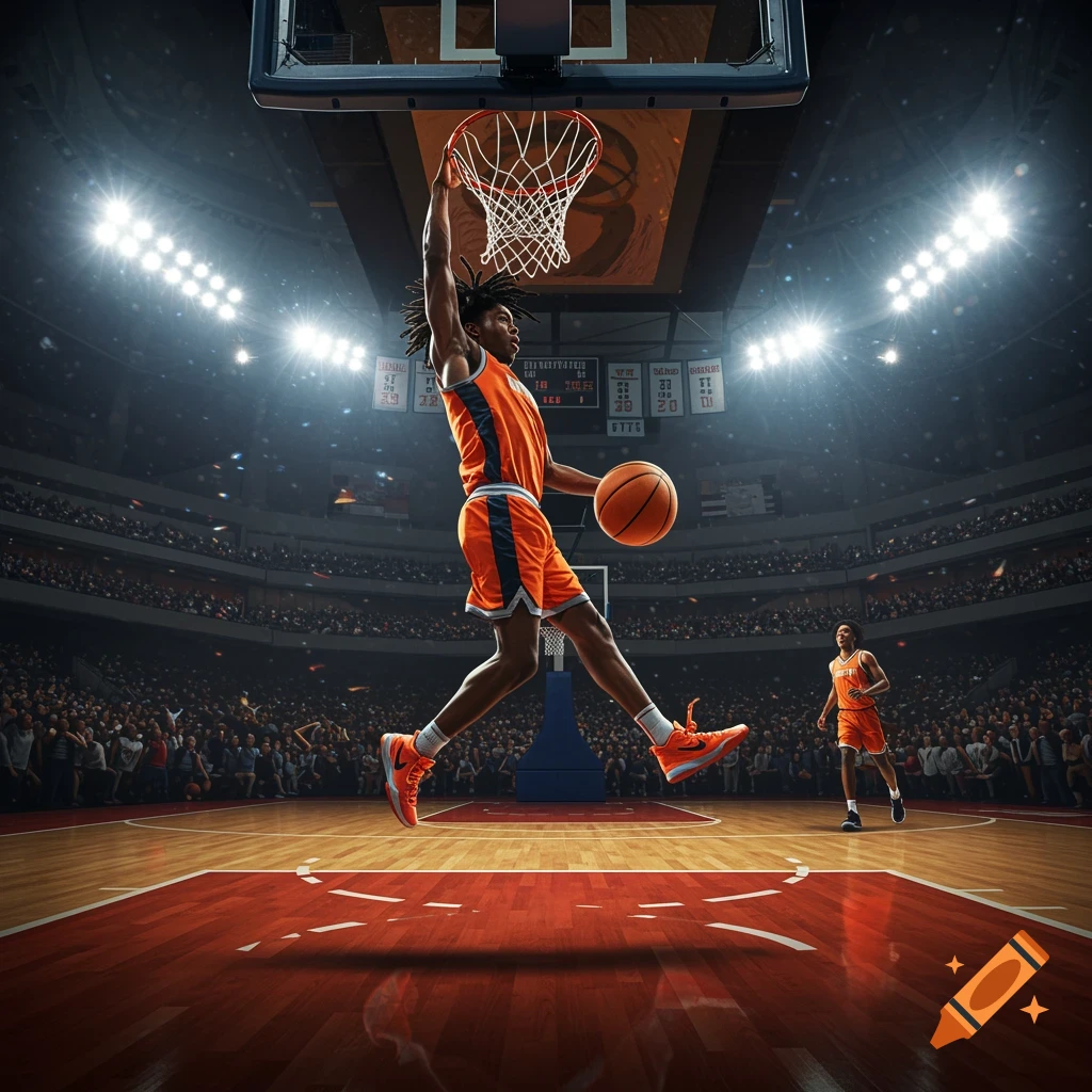 Basketball player mid-dunk in an arena.