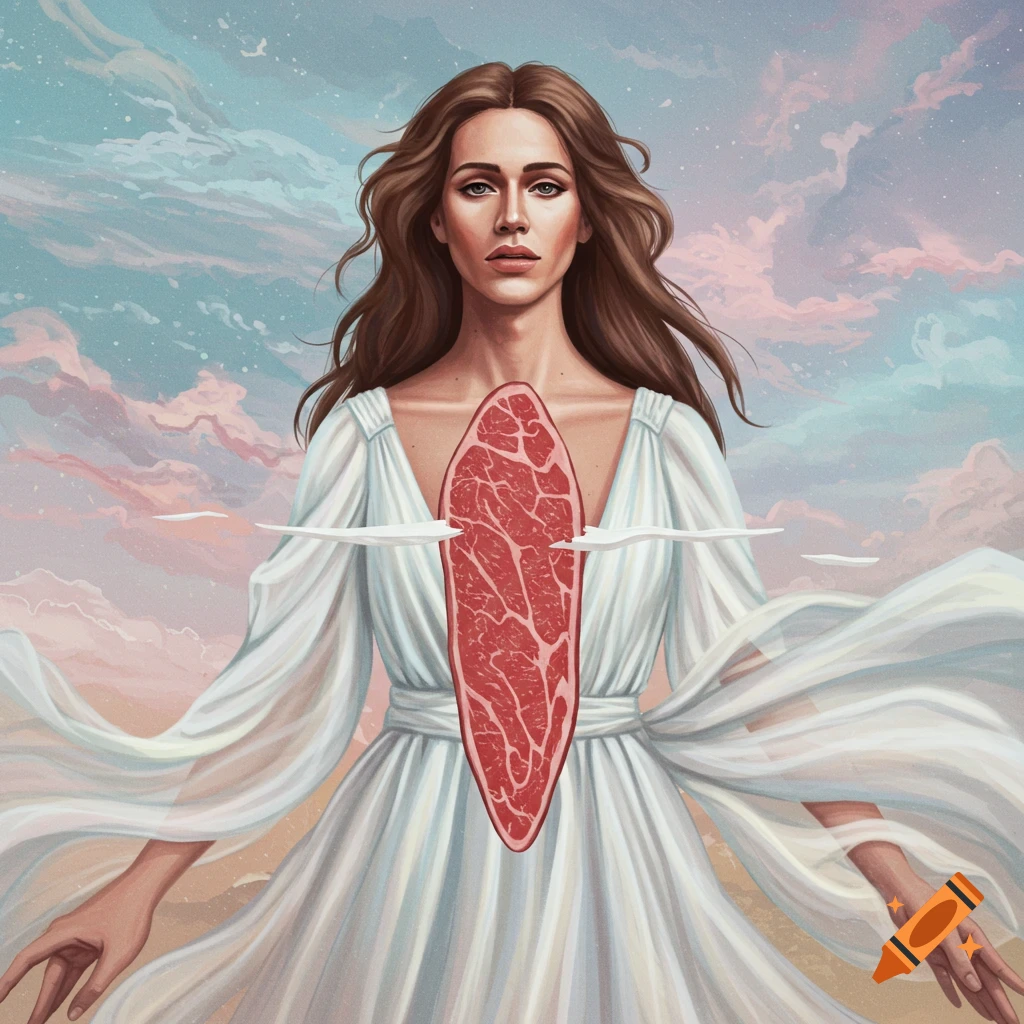 Illustration of a woman with a raw steak in her chest, wearing a flowing white dress under a cloudy sky.