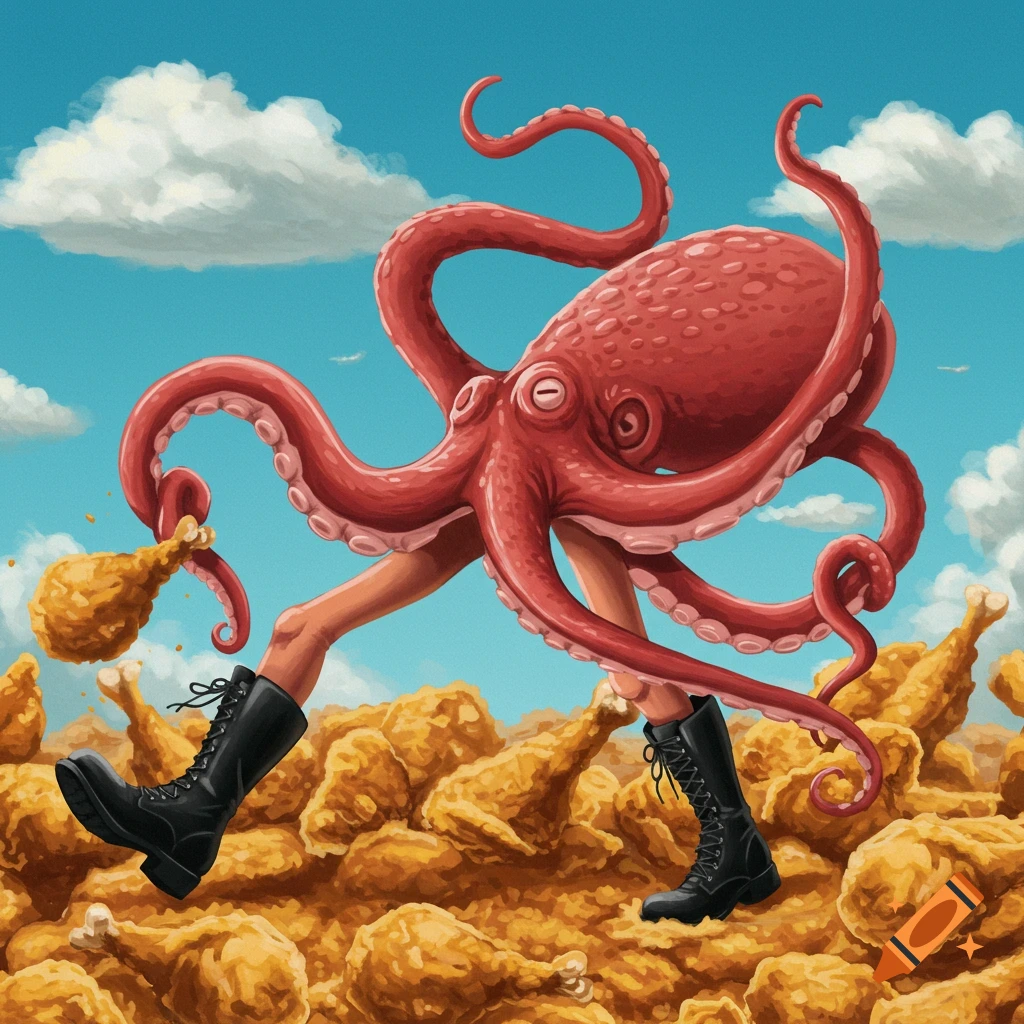 A red octopus with human legs and black boots walks across a field of fried chicken.