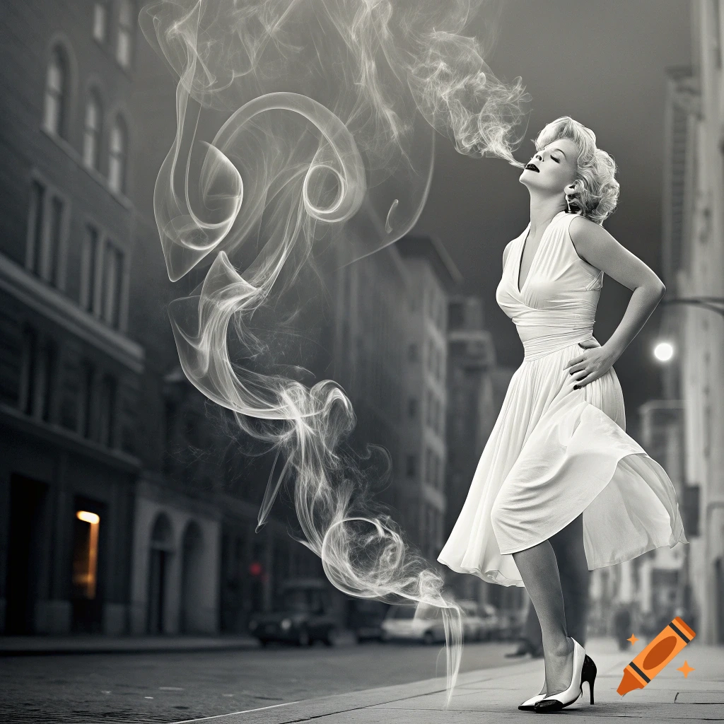 Marilyn Monroe in a white dress exhales dramatic smoke on a city street at night.