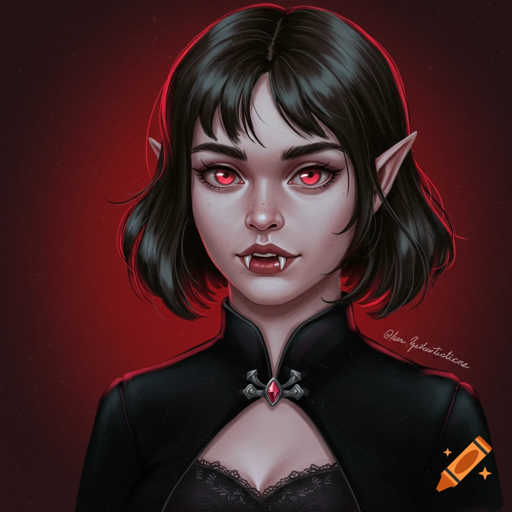 A young woman with red eyes, fangs, and pointed ears, dressed in black, against a red background.