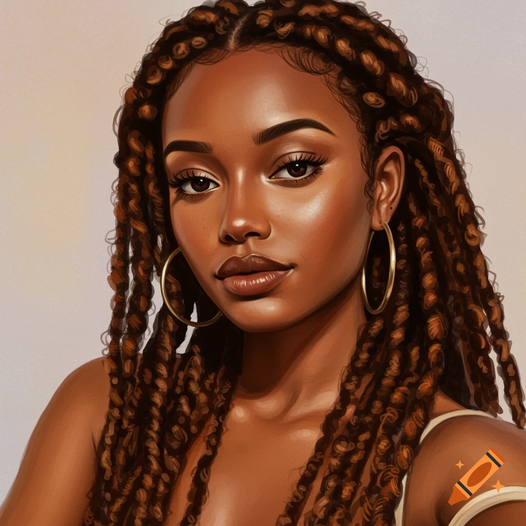 Close-up portrait of a Black woman with long box braids and hoop earrings in an illustrative style.