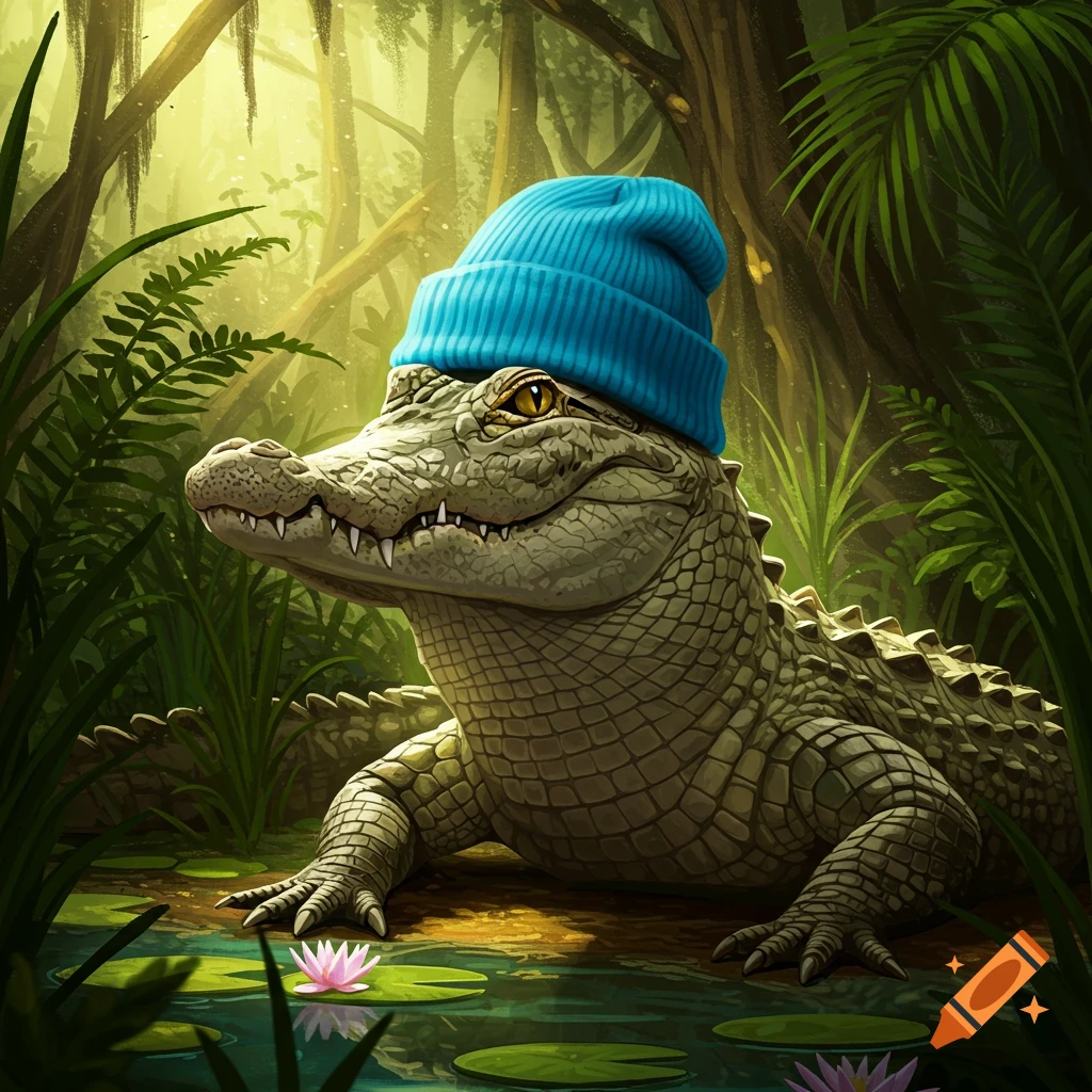 An illustrative image of an alligator wearing a blue beanie in a swamp with lily pads.