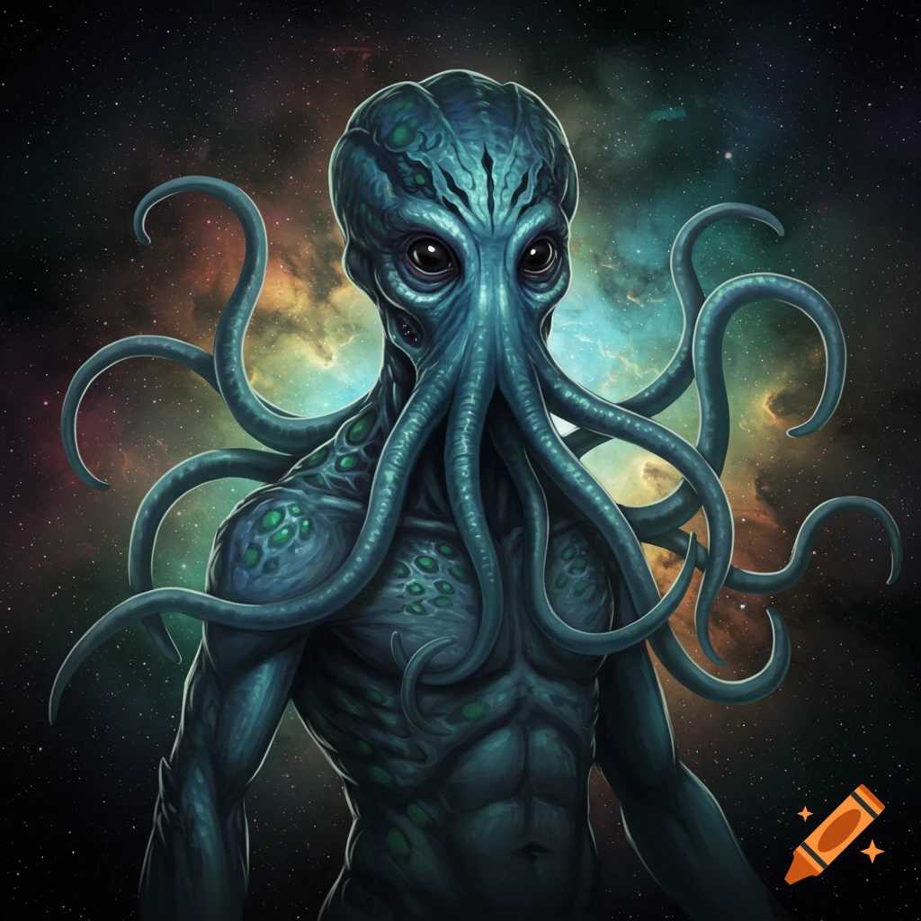 Portrait of a blue alien creature with tentacles against a starry space background.