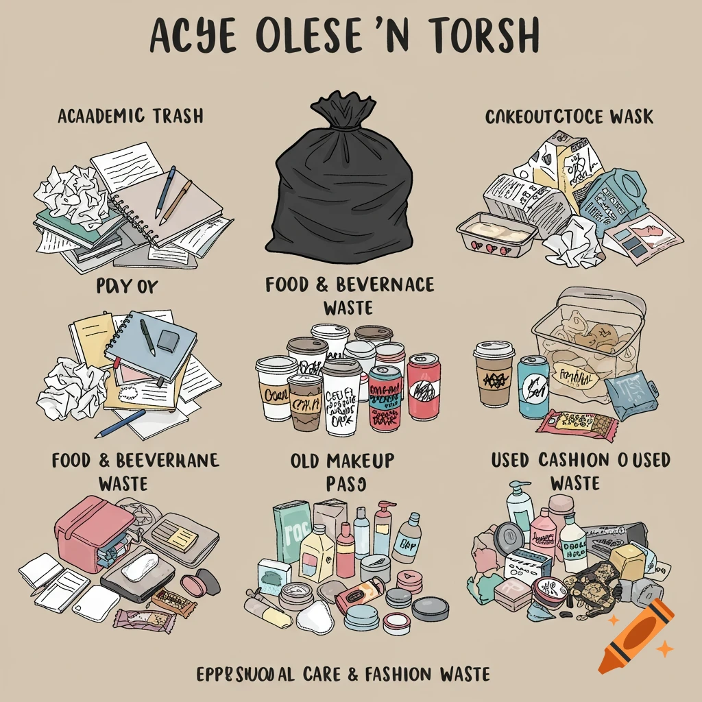 Digital illustration of a college woman's trash sorted into labeled piles