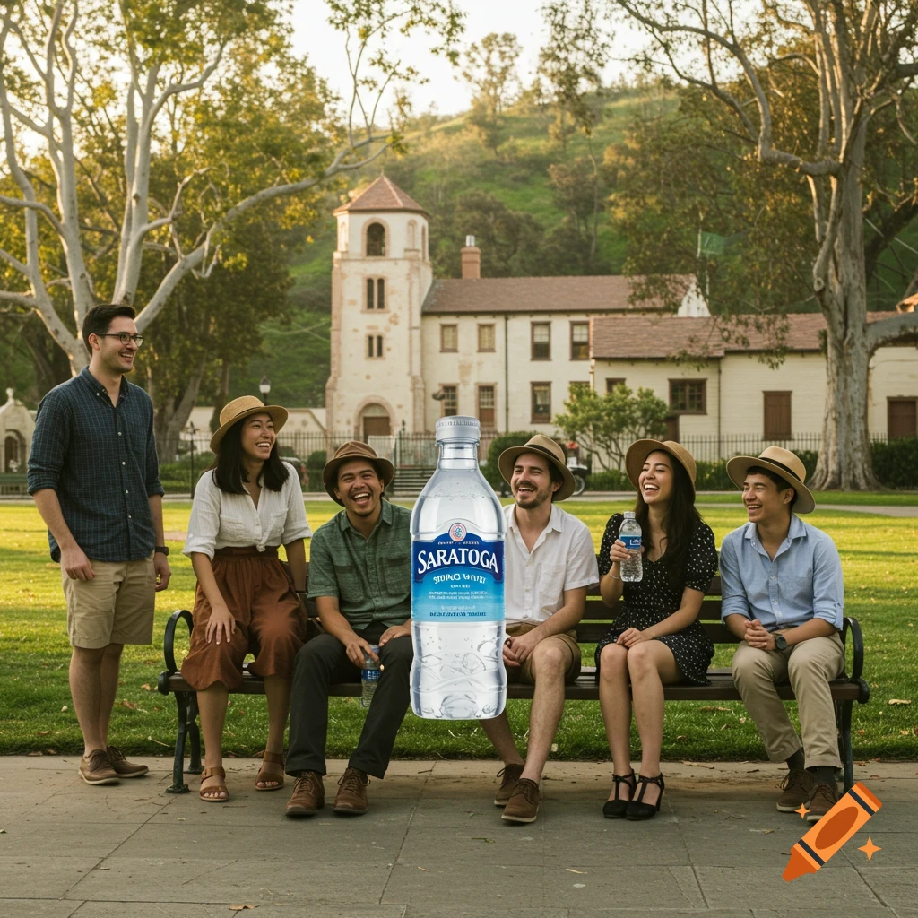 Group of friends sitting on a park bench with a large Saratoga water bottle in the foreground.