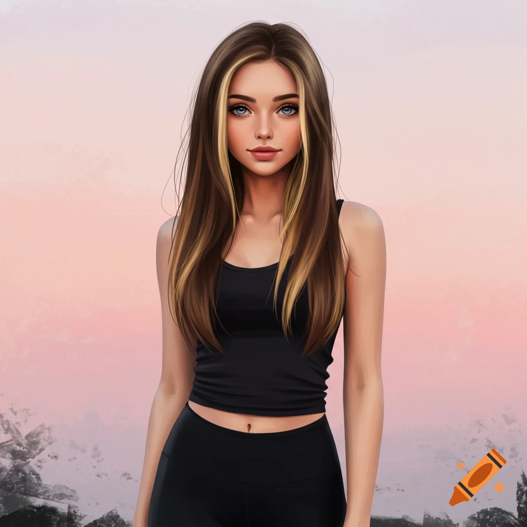 Stylized portrait of a young woman with brown hair and blonde highlights, blue eyes, wearing black activewear.