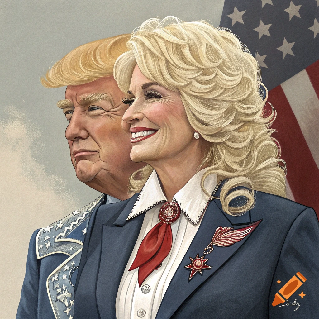 Stylized portrait of Donald Trump and Dolly Parton together in formal wear.