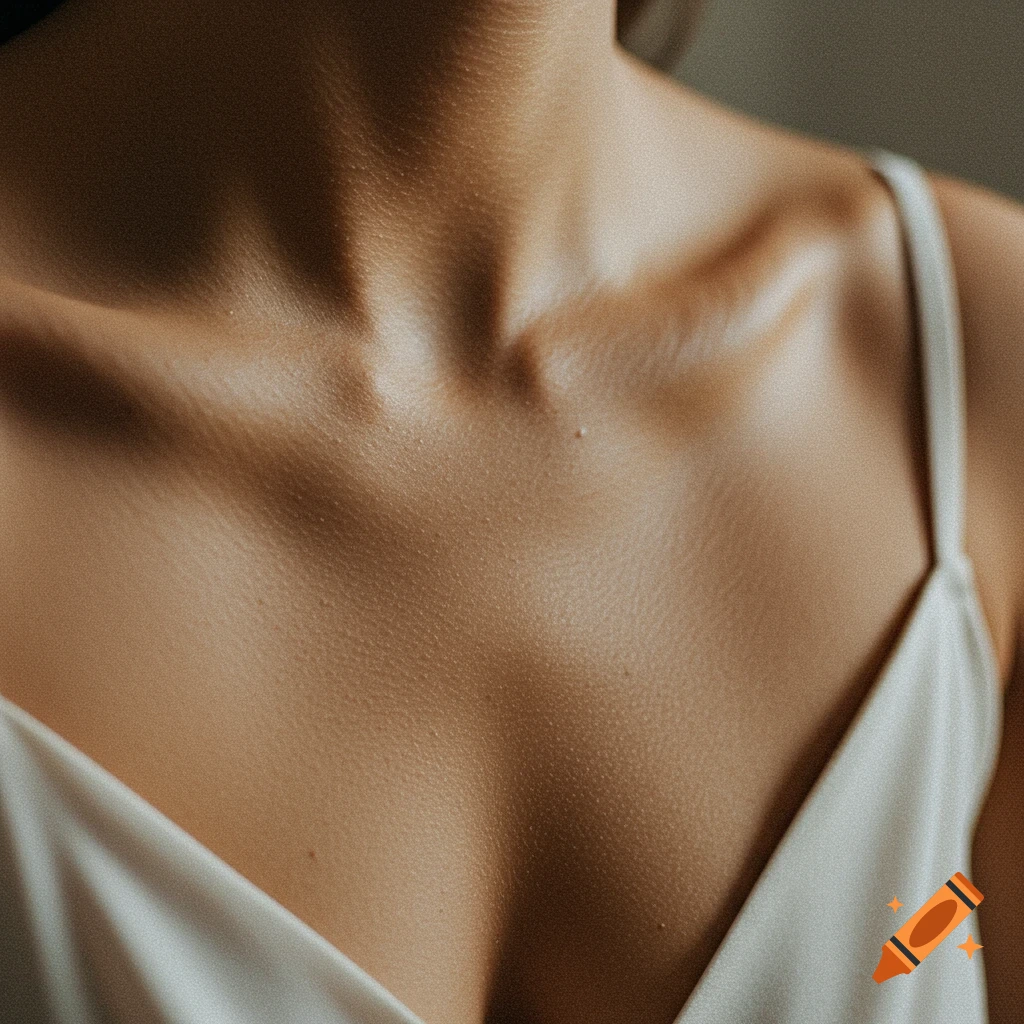 Close-up photorealistic image of a woman's collarbone and upper chest in a white strap top.