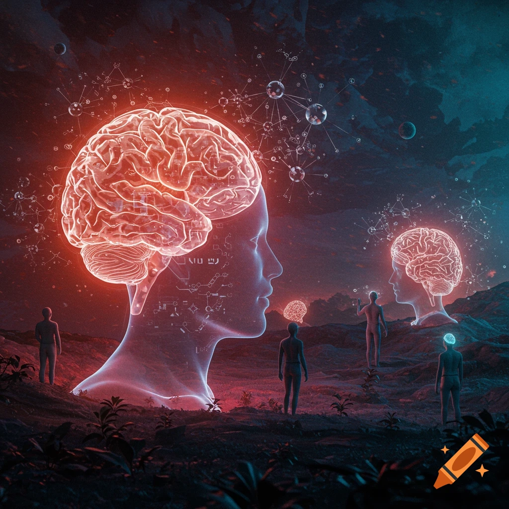 Surreal image of large transparent head with glowing brain alongside smaller figures with glowing brains in a futuristic landscape