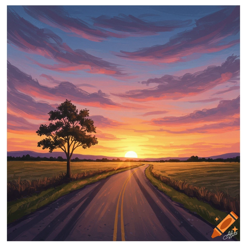 A painting of a road through a field at sunset with a tree.