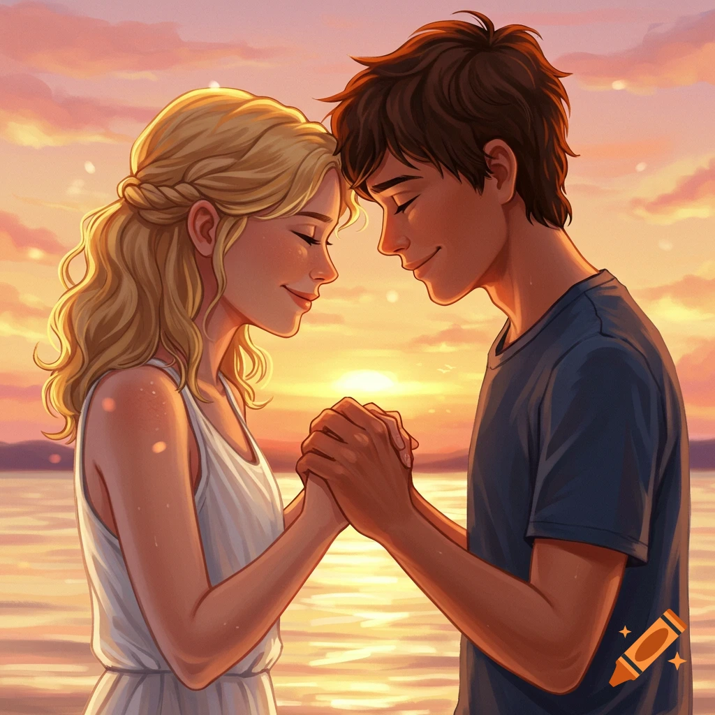 Illustrated young couple holding hands at sunset.