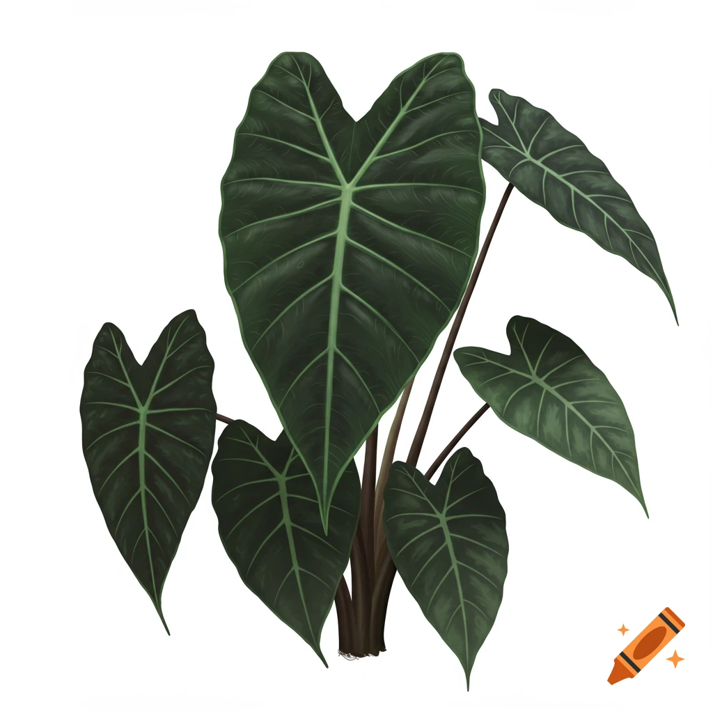 Illustration of an Alocasia Wentii plant with dark green leaves on a white background.