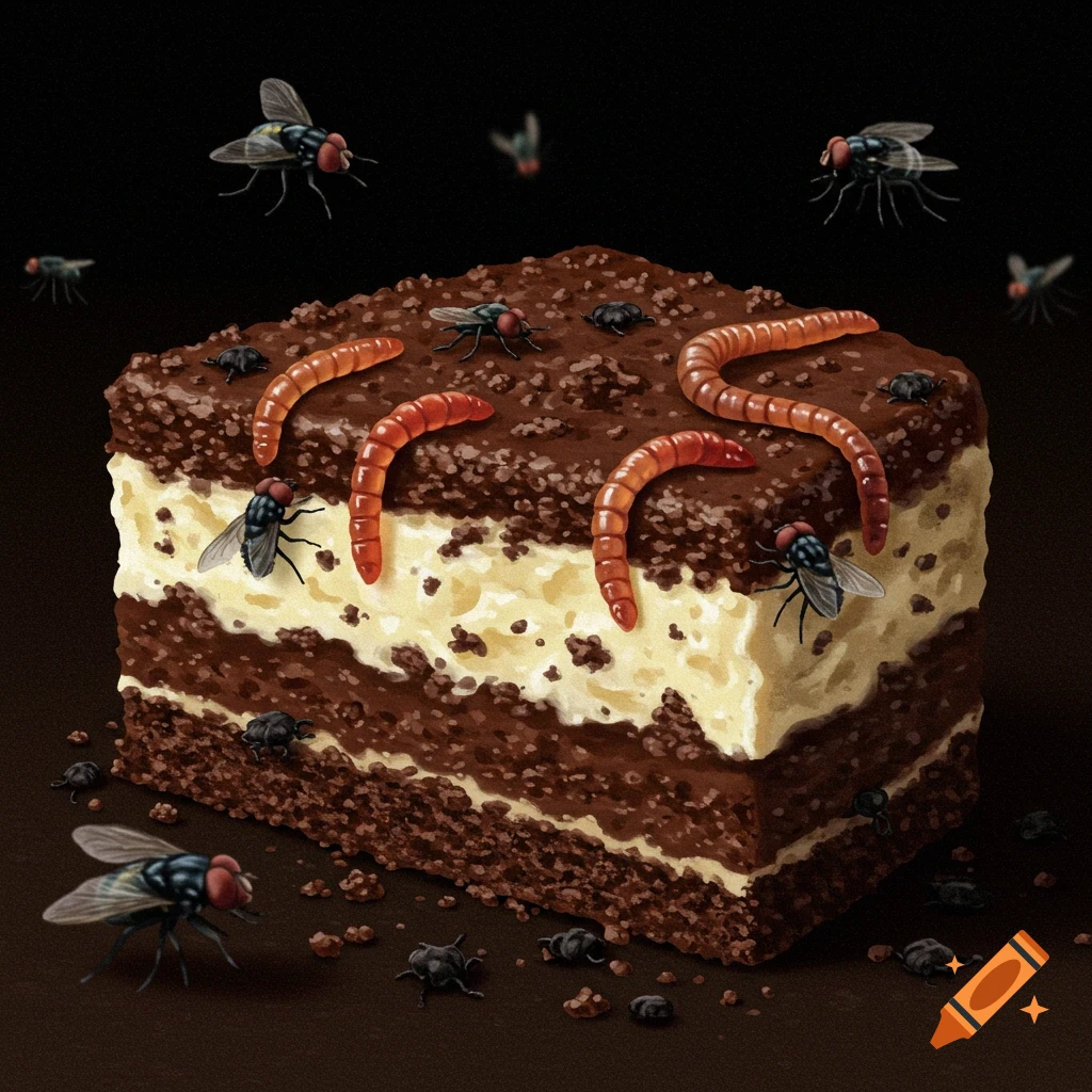 Dirt cake using real flies and worms