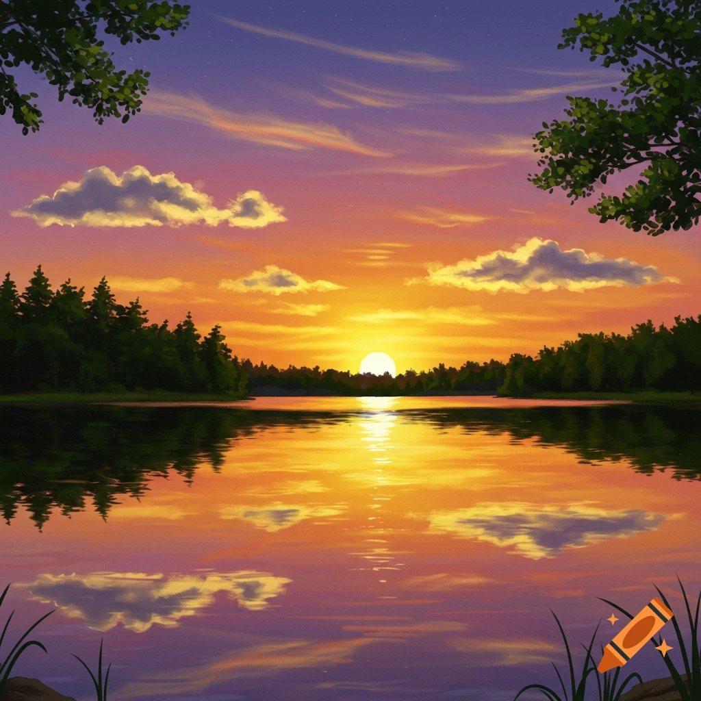 Illustration of a colorful sunset over a lake with trees and clouds.