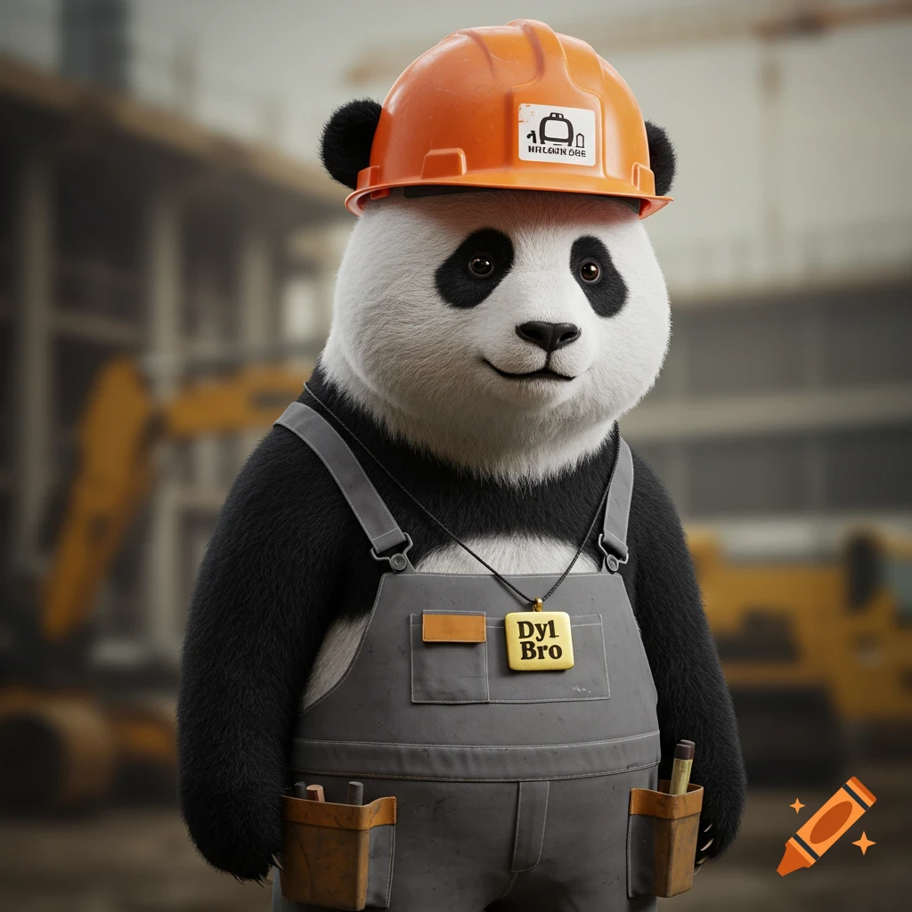 A panda wears an orange hard hat, grey overalls, and a necklace that says 'Dyl Bro' at a construction site.