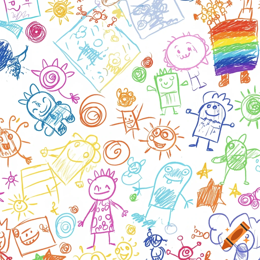 Seamless pattern of colorful childlike doodles of creatures, suns, and shapes.