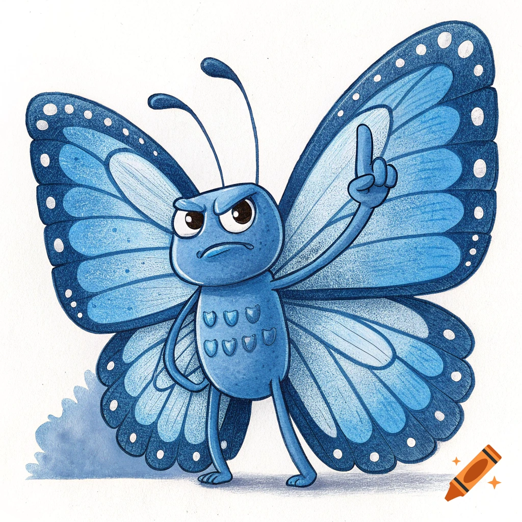 Cartoon watercolor illustration of an angry blue butterfly pointing a finger upwards.