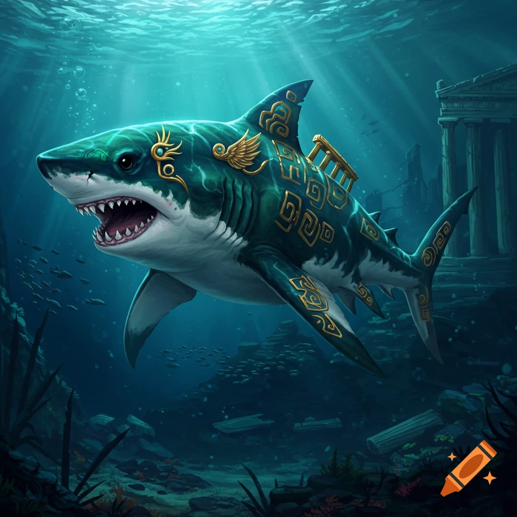 Green shark with gold Greek armor swimming underwater near ruins, digital illustration.