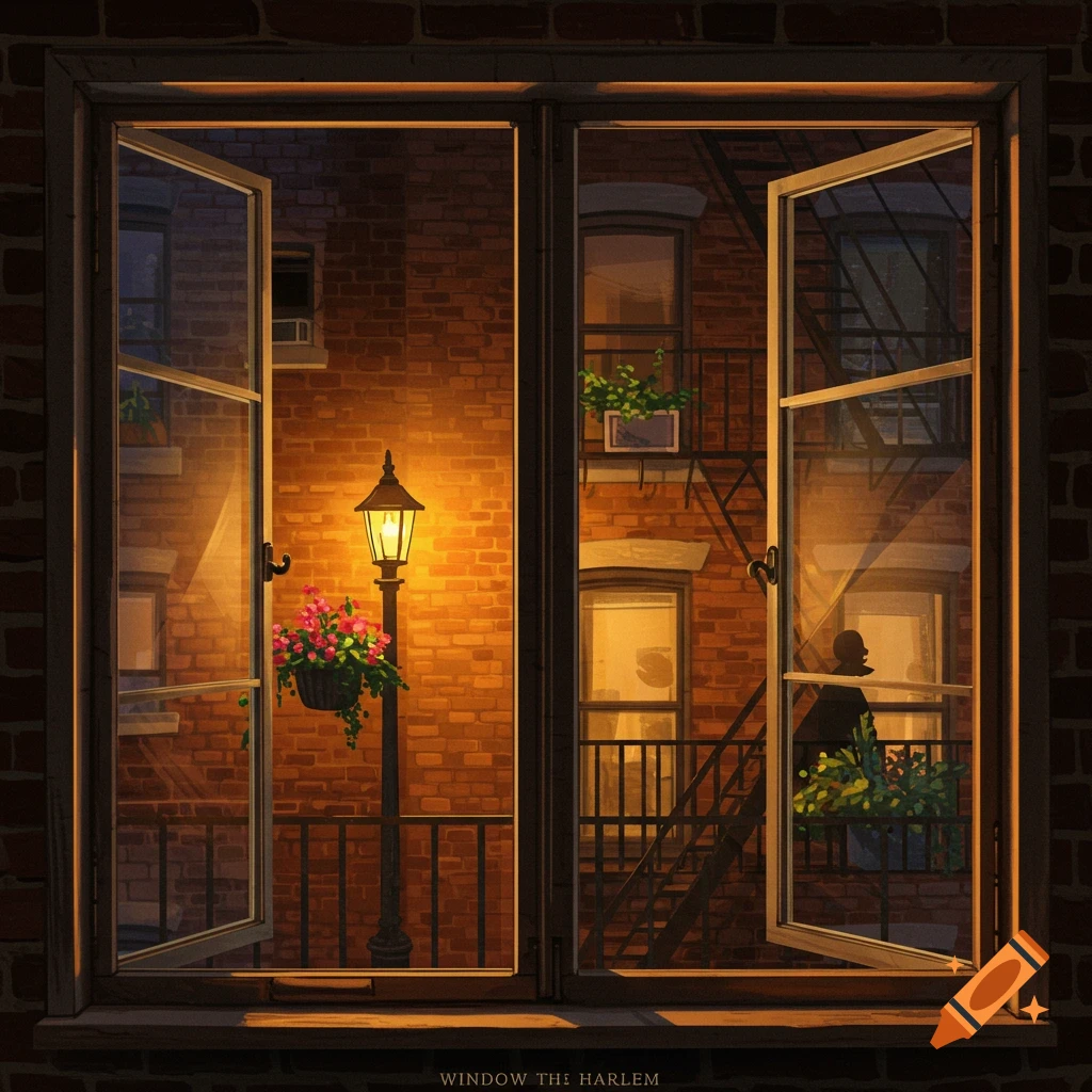 View from a window at night showing a brick building, fire escape, lit lamppost with flowers, and a silhouetted figure.