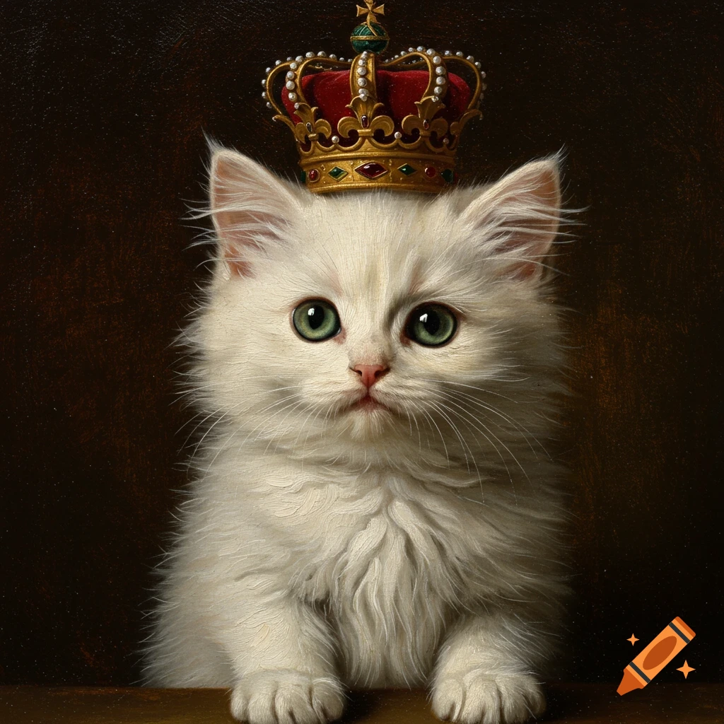 A white kitten wears a crown in an old painting style portrait.
