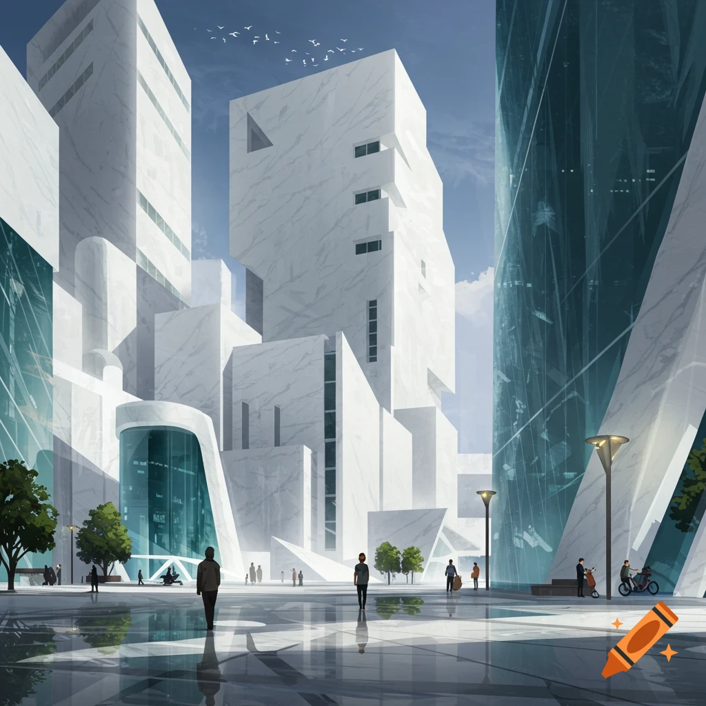 Modern city square with white marble and glass buildings, people walking on a reflective ground.