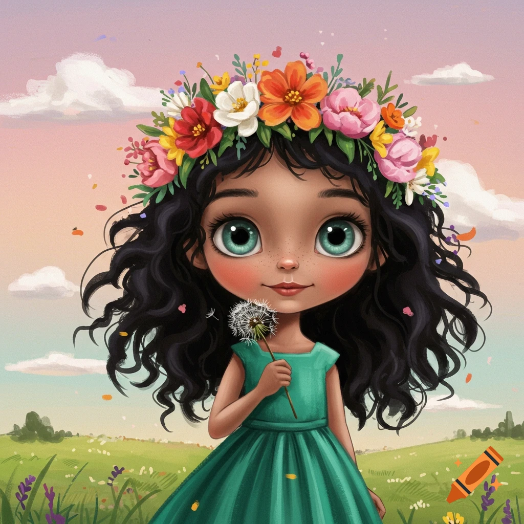 An illustration of a young girl with a flower crown in a field holding a dandelion.