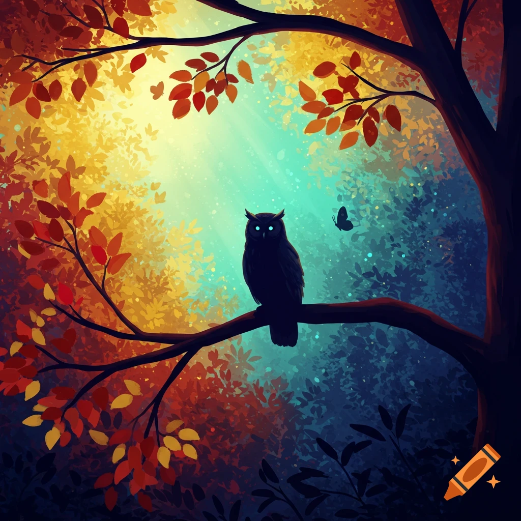 A silhouetted owl sits on a branch in an ethereal autumn forest with glowing leaves and sun rays.