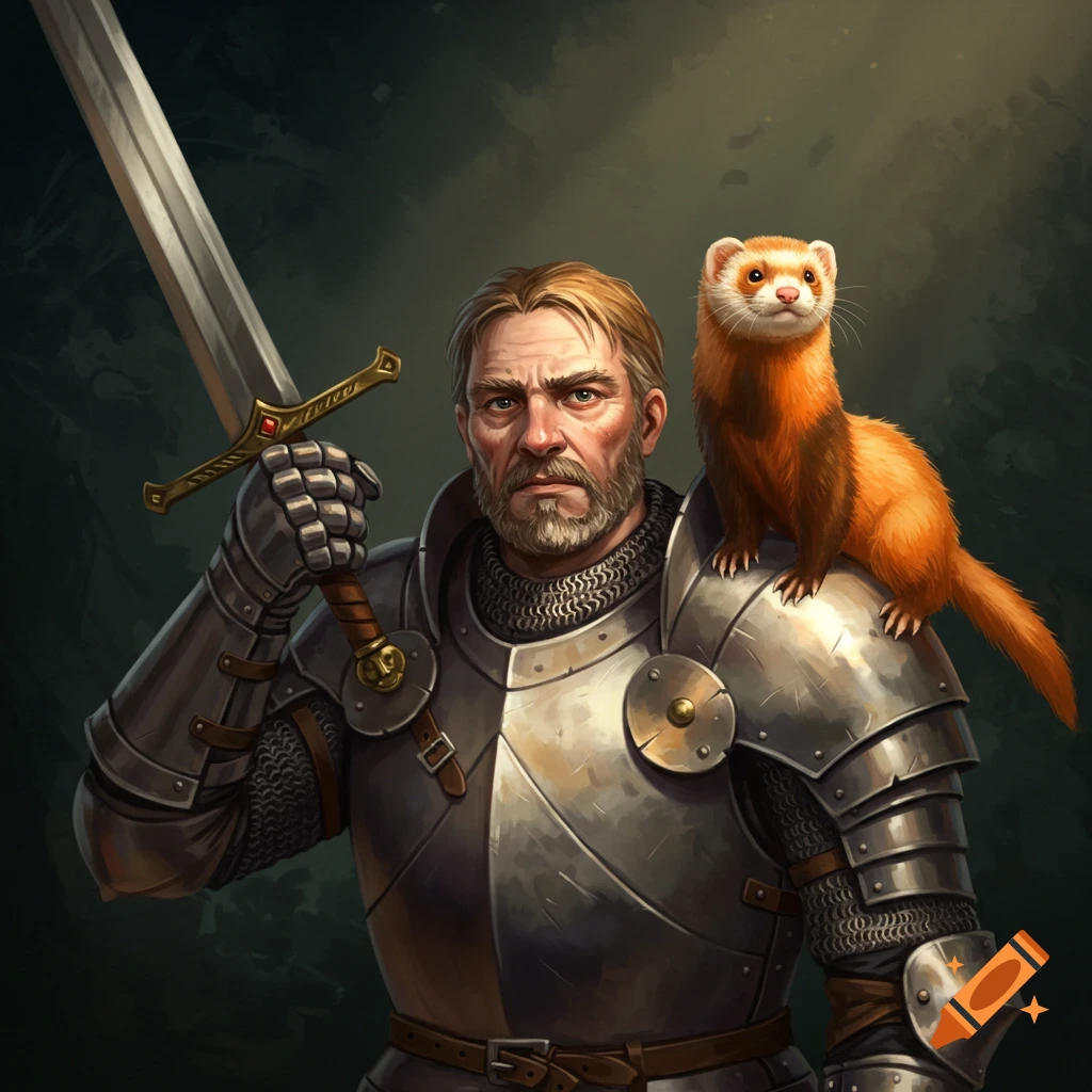 A knight in armor holds a sword with a ferret on his shoulder.