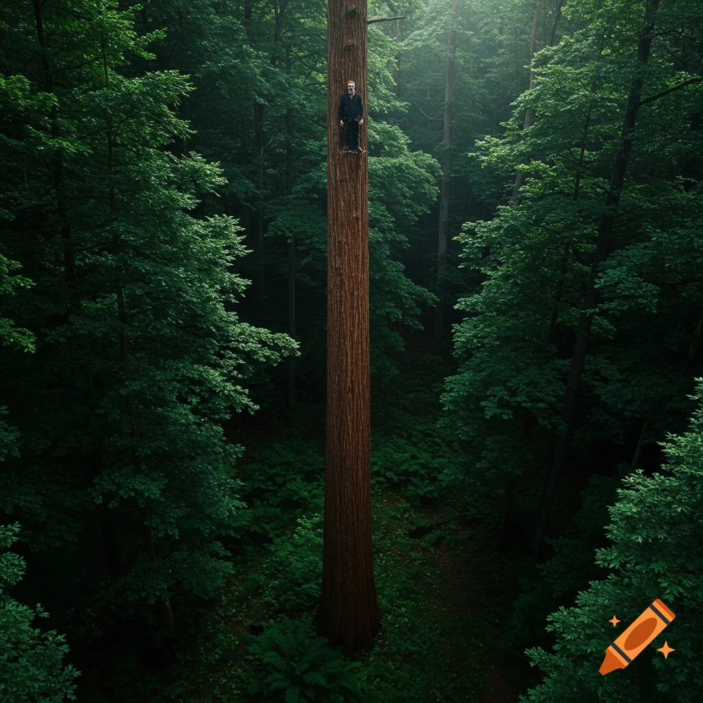 A man stands high up on a tall tree trunk in a dense forest, viewed from above.