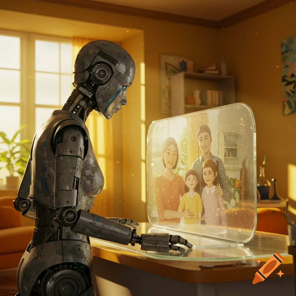 A sad robot looks at a projected image of a happy human family in a sunlit room.