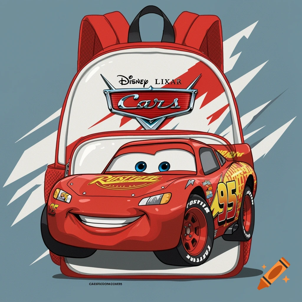 A red and white backpack features a large illustration of Lightning McQueen from Disney Pixar Cars.