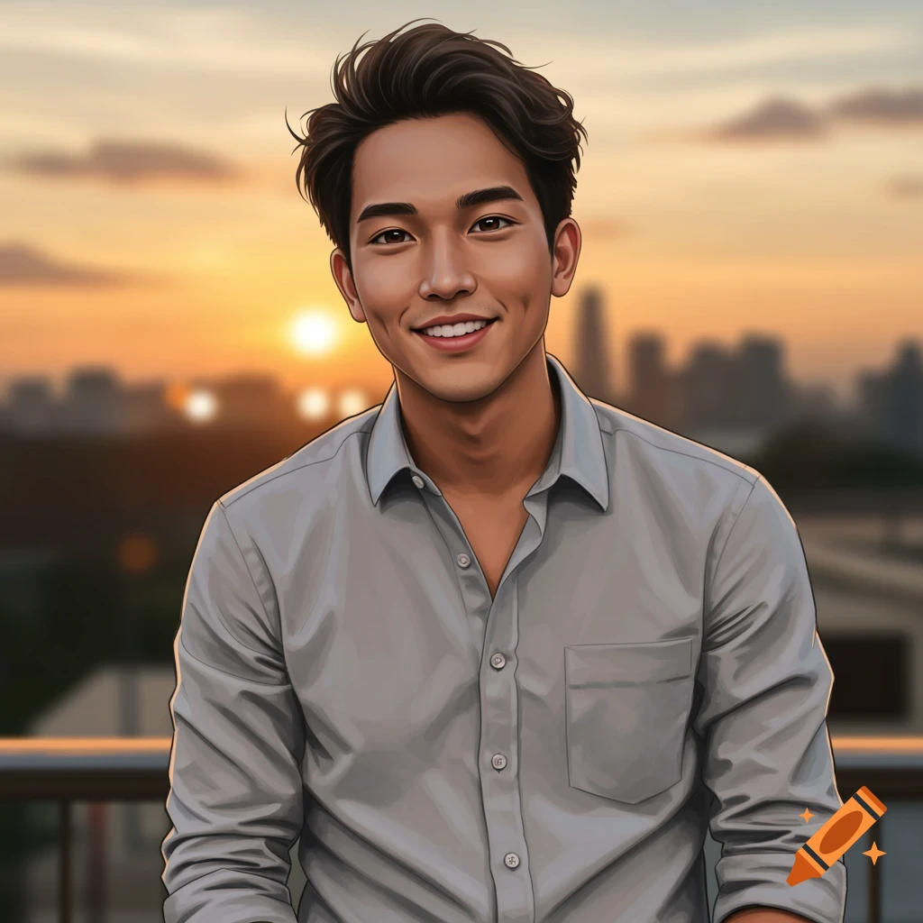 Illustrated portrait of a smiling man in a shirt against a sunset cityscape.