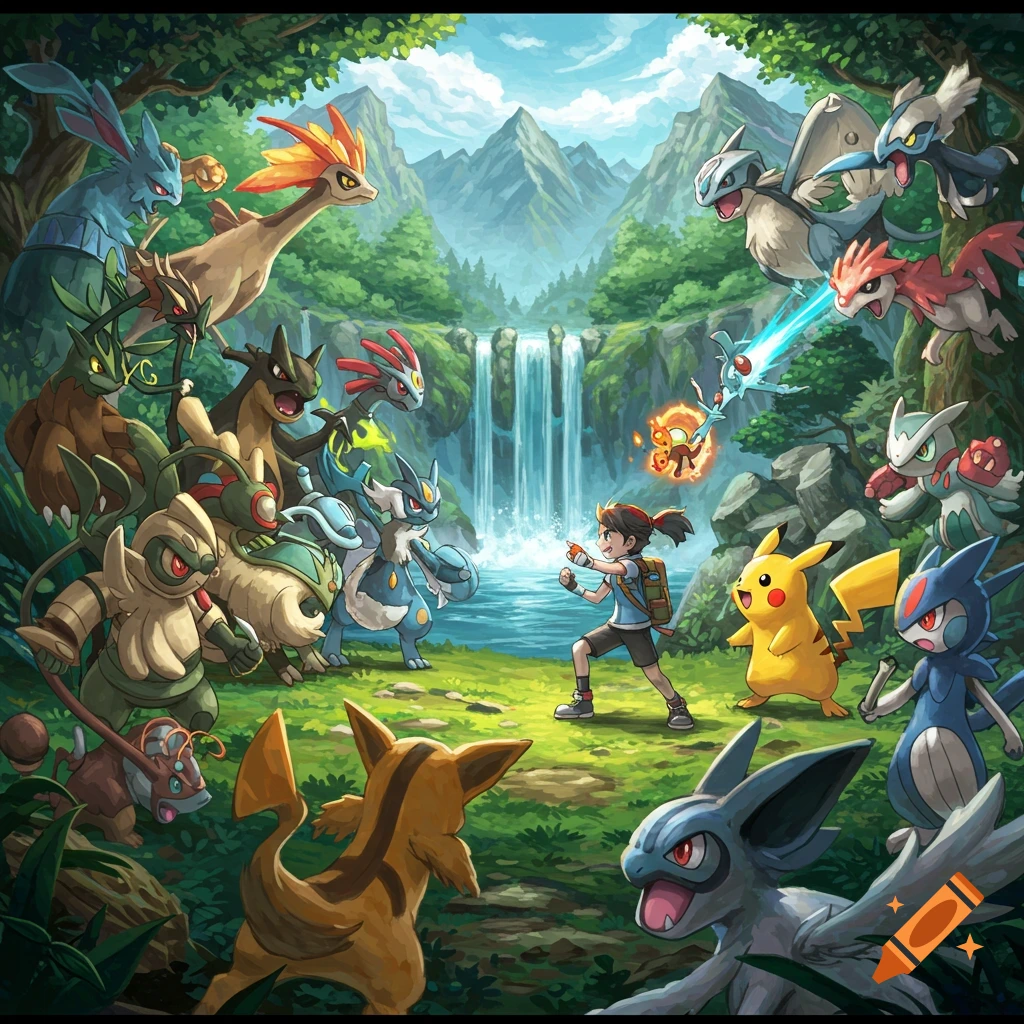 A trainer battles many Pokemon in a forest near waterfalls and mountains in an anime style illustration.