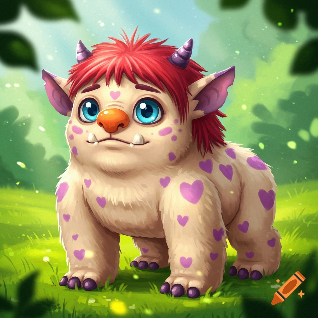 Cute furry monster with red hair, purple heart spots, and big blue eyes in a grassy field.