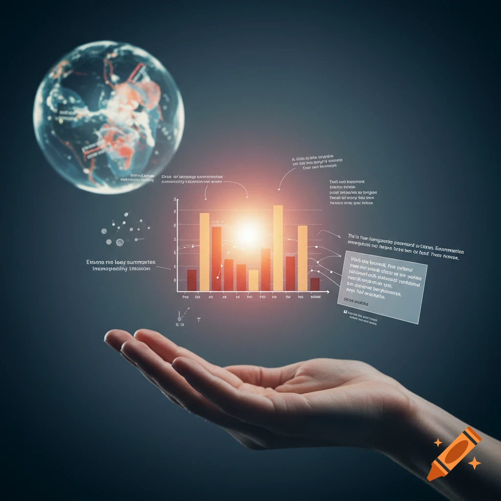 Hand holding floating data visualization including globe, bar chart, and text boxes