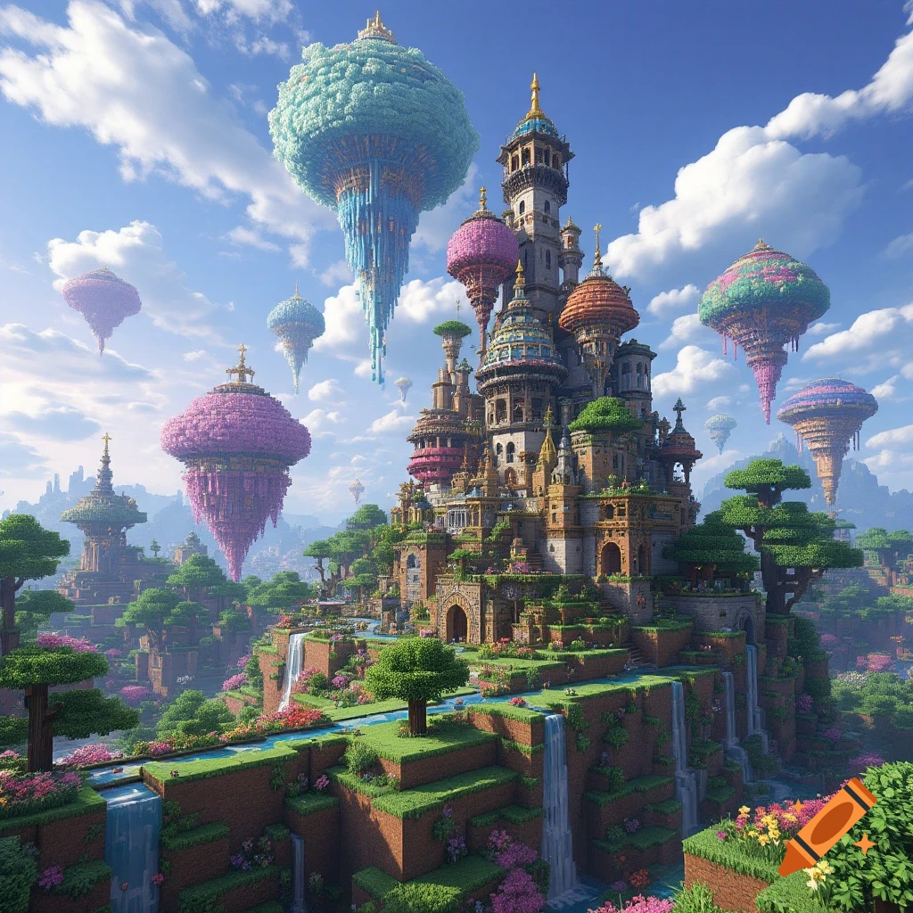 A large fantasy castle built in Minecraft style on a hill with waterfalls and floating islands.