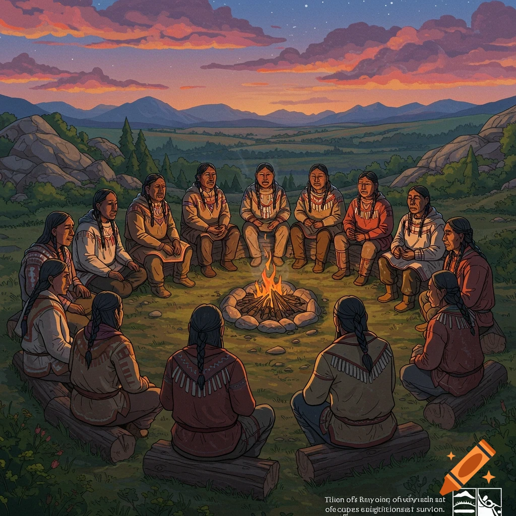 Indigenous people sit around a campfire at sunset in a mountainous landscape.