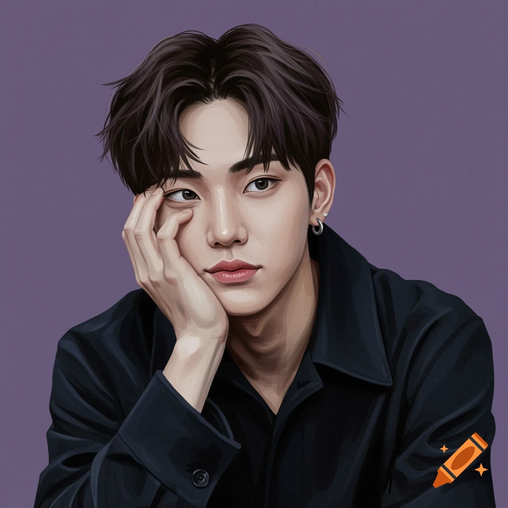 Stylized portrait of a young man with dark hair resting his head on his hand against a purple background.